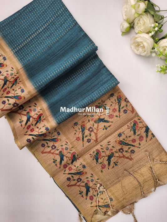 PIN STRIPES DIGITAL SEMI TUSSER SAREE RAMA