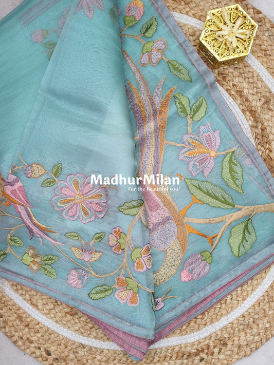 FLORAL EMBROIDERY WORK TISSUE ORGANZA SAREE DUSTY RAMA
