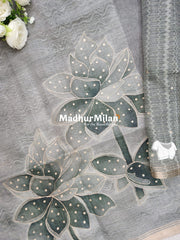 CHANDERI PRINTED ARI WORK SAREE DUSTY GREEN