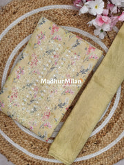 FLORAL LINEN UNSTITCHED SALWAR SUIT YELLOW