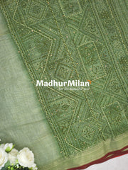 LENIN TISSUE EMBROIDERY WORK SAREE GREEN