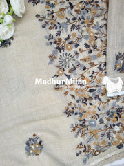 LENIN TISSUE EMBROIDERY WORK SAREE CREAM BROWN