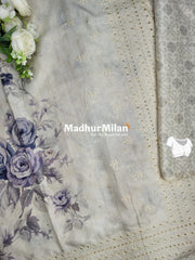 FLORAL PRINTED BORDER EMBRIODERY SEMI TUSSER SAREE DUSTY PURPLE