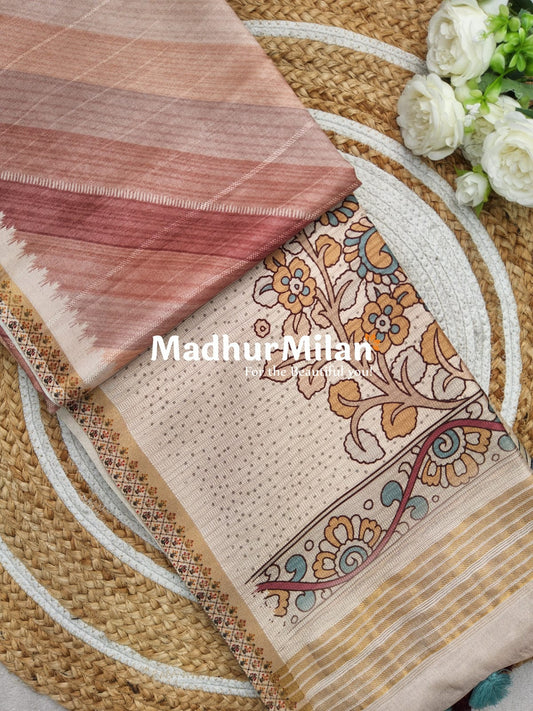 SEMI TUSSAR KALAMKARI PALLU SAREE ROSE BROWN