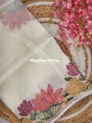 FLOWER EMBROIDERY TISSUE ORGANZA SAREE CREAM