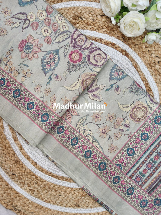FLORAL DIGITAL SEMI TUSSER SILK SAREE DUSTY GREY