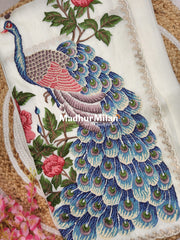 PEACOCK EMBROIDEY WORK TISSUE ORGANZA SAREE CREAM