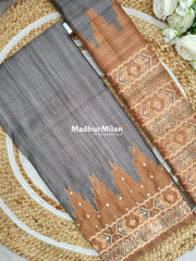 TEMPLE CHANDERI UNSTITCHED SALWAR SUIT GREY GOLD