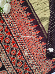 AJRAKH PRINT GAJI MODAL SAREE CHOCOLATE BROWN