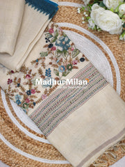 LENIN TISSUE EMBROIDERY WORK SAREE CREAM RAMA