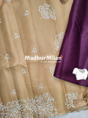 FLORAL WHITE EMBROIDERY WORK SAREE BEIGE