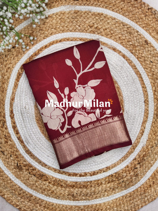 FLORAL PRINT ASSAM SILK WHITE MAROON