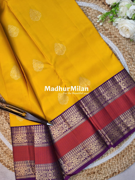 KANCHI BUTTA BENTEX BORDER SAREE YELLOW PURPLE