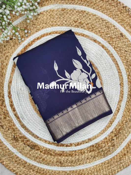 FLORAL PRINT ASSAM SILK WHITE NAVY-BLUE
