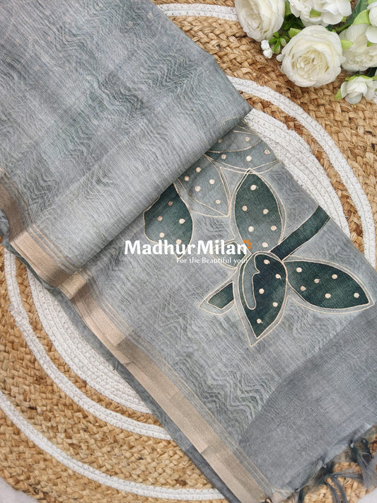 CHANDERI PRINTED ARI WORK SAREE DUSTY GREEN