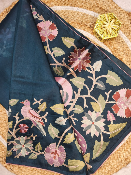 ARI EMBROIDERY WORK TISSUE ORGANZA SAREE DEEP GREEN