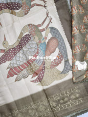 PEACOCK SILK SEMI TUSSER SAREE OLIVE GREEN