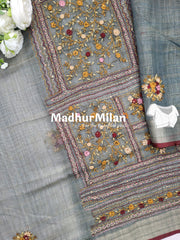 LENIN TISSUE EMBROIDERY WORK SAREE DUSTY GREEN