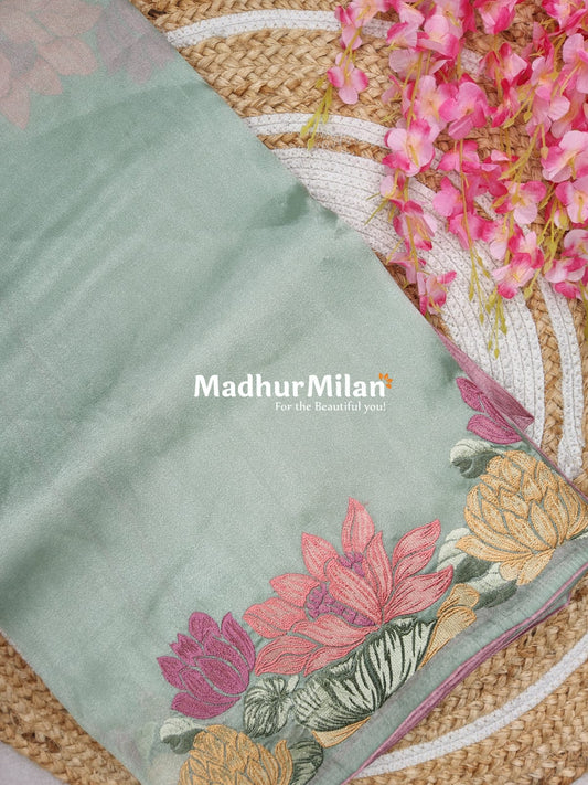 FLOWER EMBROIDERY TISSUE ORGANZA SAREE PISTA