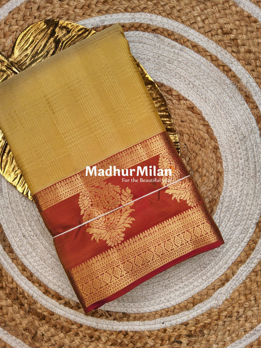 BENTEX BIT BUTTA 6 LINE CHECKS BORDER SAREE LIGHT IVORY BRICK