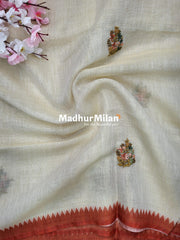 LENIN EMBROIDERY WORK SAREE CREAM RED