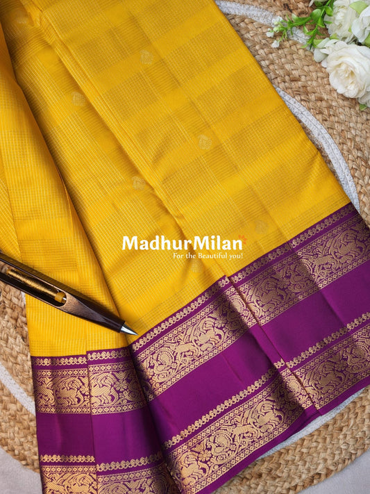 KANCHI CHECKS BUTTA BENTEX BORDER SAREE YELLOW WINE
