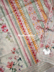 FLORAL KATHA LINE BORDER SEMI TUSSER SILK SAREE CREAM