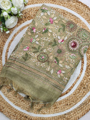 LENIN TISSUE EMBROIDERY WORK SAREE DUSTY GREEN