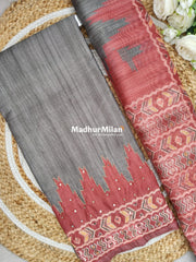 TEMPLE CHANDERI UNSTITCHED SALWAR SUIT GREY PEACH