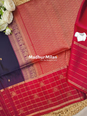 CHECKS BUTTA BORDER SOFT SILK SAREE NAVY BLUE PINK