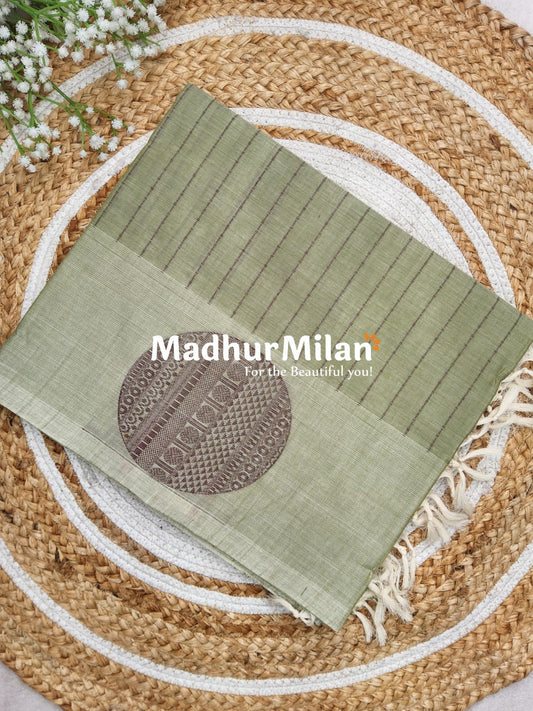 SUTI STRIPED BUTTA BORDER WEAVING COTTON SAREE SAGE GREEN
