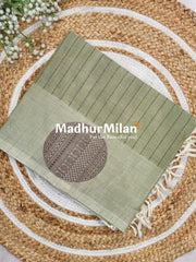 SUTI STRIPED BUTTA BORDER WEAVING COTTON SAREE SAGE GREEN