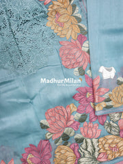 FLOWER EMBROIDERY TISSUE ORGANZA SAREE FIROZI BLUE