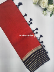 8 LINE BORDER ASSAM SILK SAREE RED BLACK