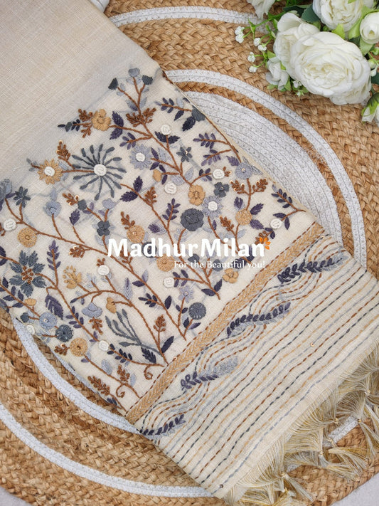 LENIN TISSUE EMBROIDERY WORK SAREE CREAM GREY