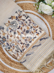 LENIN TISSUE EMBROIDERY WORK SAREE CREAM GREY