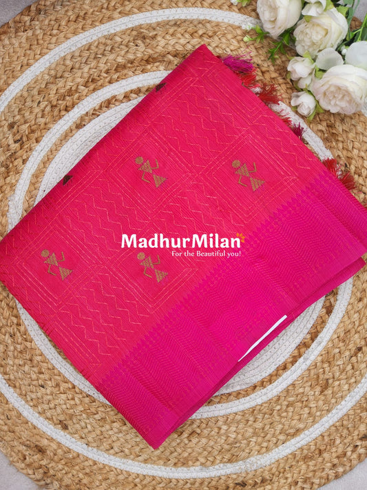 WARLI EMBROIDERY WORK RAW SILK SAREE PINK
