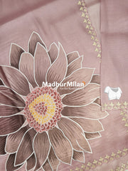 SUNFLOWER EMBROIDEY WORK TISSUE ORGANZA SAREE DUSTY ROSE PINK