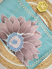 SUNFLOWER EMBROIDEY WORK TISSUE ORGANZA SAREE DUSTY RAMA