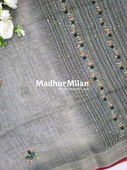 LENIN TISSUE EMBROIDERY WORK SAREE DUSTY DEEP GREEN