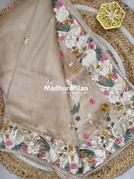 EMBROIDERY BORDER TISSUE ORGANZA SAREE DUSTY GOLD
