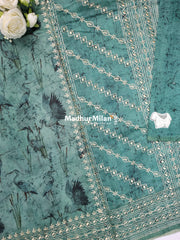 CHANDERI FLAMINGO EMBROIDERY WORK SAREE TEAL GREEN