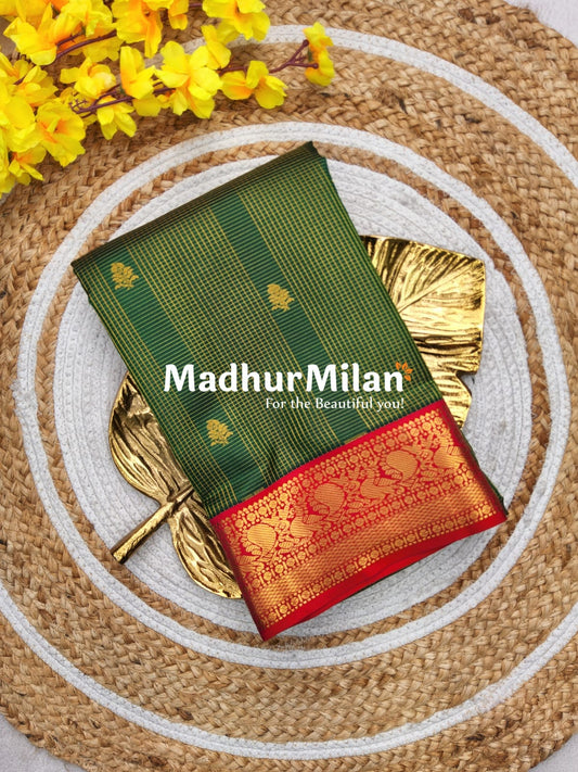 KORVAI CHECKS BUTTA BORDER SAREE GREEN RED