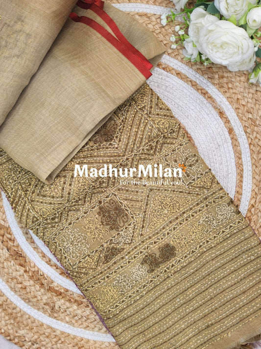 LENIN TISSUE EMBROIDERY WORK SAREE BEIGE