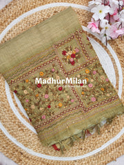 LENIN TISSUE EMBROIDERY WORK SAREE DUSTY MEHNDI