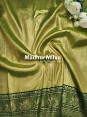 APSARA TISSUE SILK SAREE GOLDEN GREEN DARK GREEN