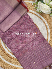 LENIN TISSUE EMBROIDERY WORK SAREE DUSTY ROSE PINK