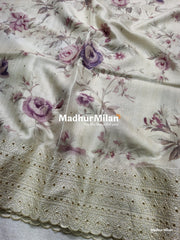 SEMI TUSSER FLORAL PRINTED BORDER EMBRIODERY SAREE - DUSTY PINK
