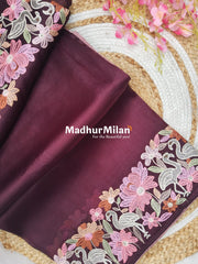 EMBROIDERY BORDER WORK TISSUE ORGANZA SAREE WINE