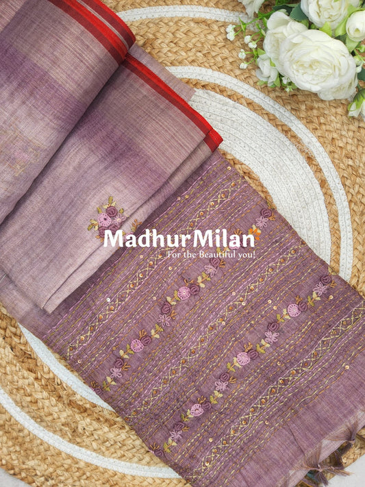 LENIN TISSUE EMBROIDERY WORK SAREE DUSTY ROSE PINK